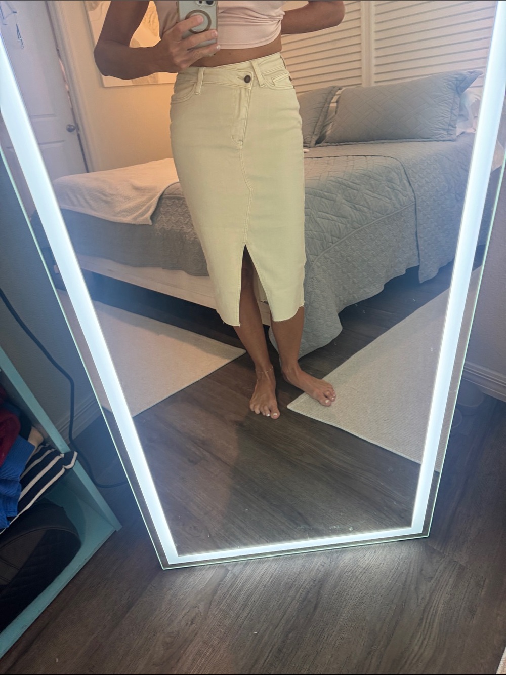 Judy Blue Cream High-Waist Midi Pencil Skirt with Front Slit